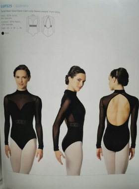 LULLI进口女款蕾丝长袖连体服芭蕾舞练功服体操服黑色特价LUF525