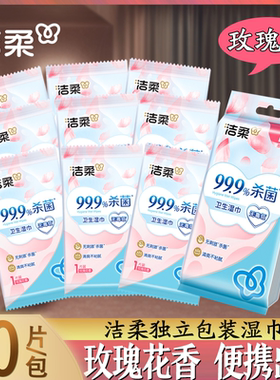 洁柔玫瑰/芦荟/绿茶/纯水/杀菌湿巾10片独立包装便携清洁消毒湿巾