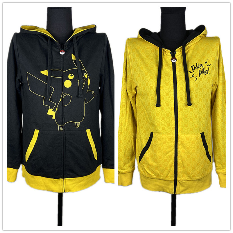 两面穿街头印花pika~卡通刺绣撞色拼接皮卡丘女款连帽拉链卫衣