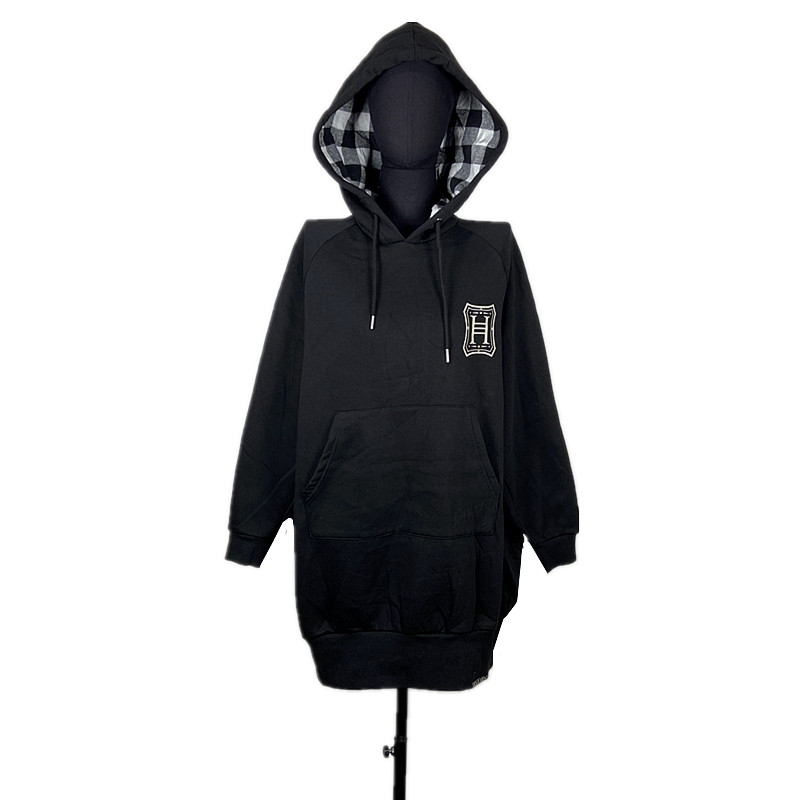 仅一件oversize高街风黑色连帽卫衣女宽松中长款格纹内衬抽绳帽衫