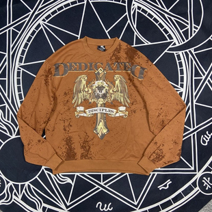 包邮 棕色圆领套头高街风 卫衣女宽松落肩袖 摇滚暗黑格瑞特印花长袖