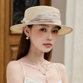 时尚 2025年新款 草帽国风水墨织带平顶礼帽女夏季 百搭遮阳草帽