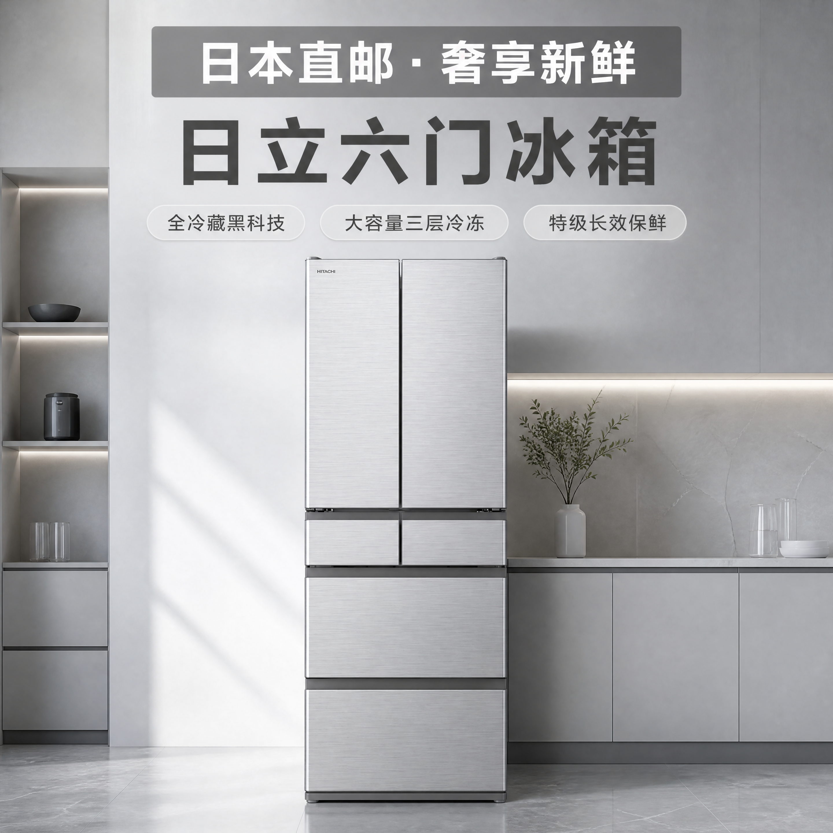 日本直邮日立六门冰箱对开门全冷藏保鲜三层大容量收纳便捷R-H54Y