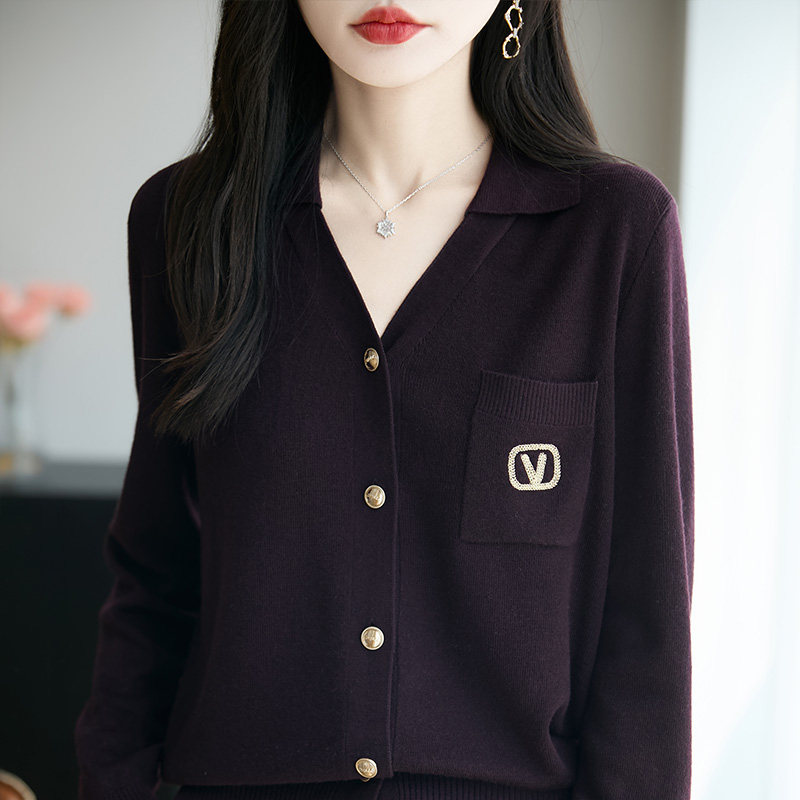 ROUMIKL法式高级感POLO领针织开衫女短外套毛衣2025新气质格雷风