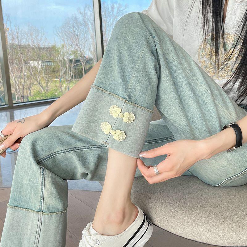 新中式直筒牛仔裤女秋季2025爆款大码胖mm高腰显瘦九分国风烟管裤