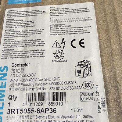 3RT5055-6AP36 接触器 AC/DC220-240V 75kW工控器件议价维修