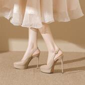 2025夏季 女气质 防水台细跟圆头包头夜店一字带凉鞋 新款 尖头高跟鞋