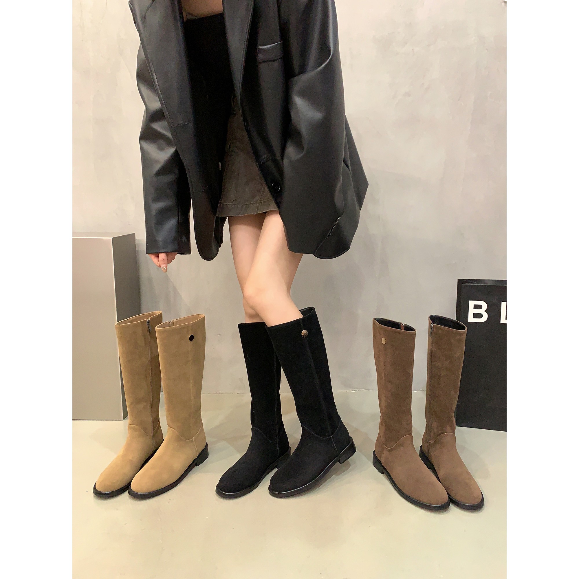 秋冬新款复古绒面骑士靴长筒靴