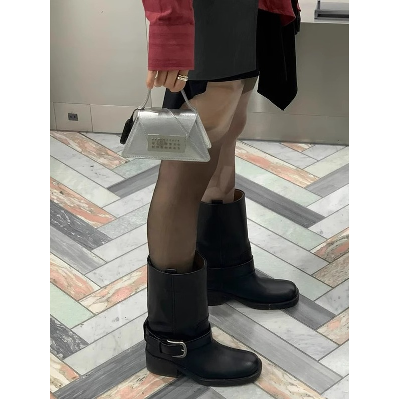 厚底中筒靴复古粗跟女骑士靴