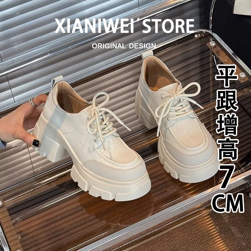 松糕单鞋系带方头粗跟乐福鞋