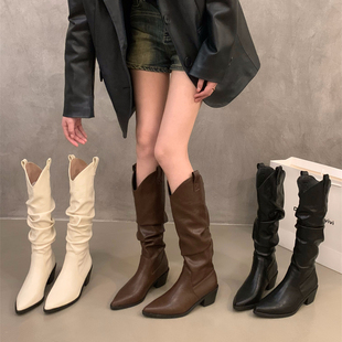 高跟棕色美拉德V口瘦瘦长筒靴女2025秋冬季 尖头堆堆西部牛仔长靴