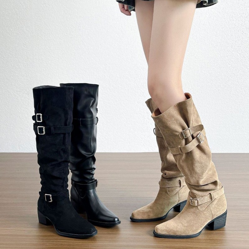 长筒靴女卡其色堆堆高跟中筒长靴