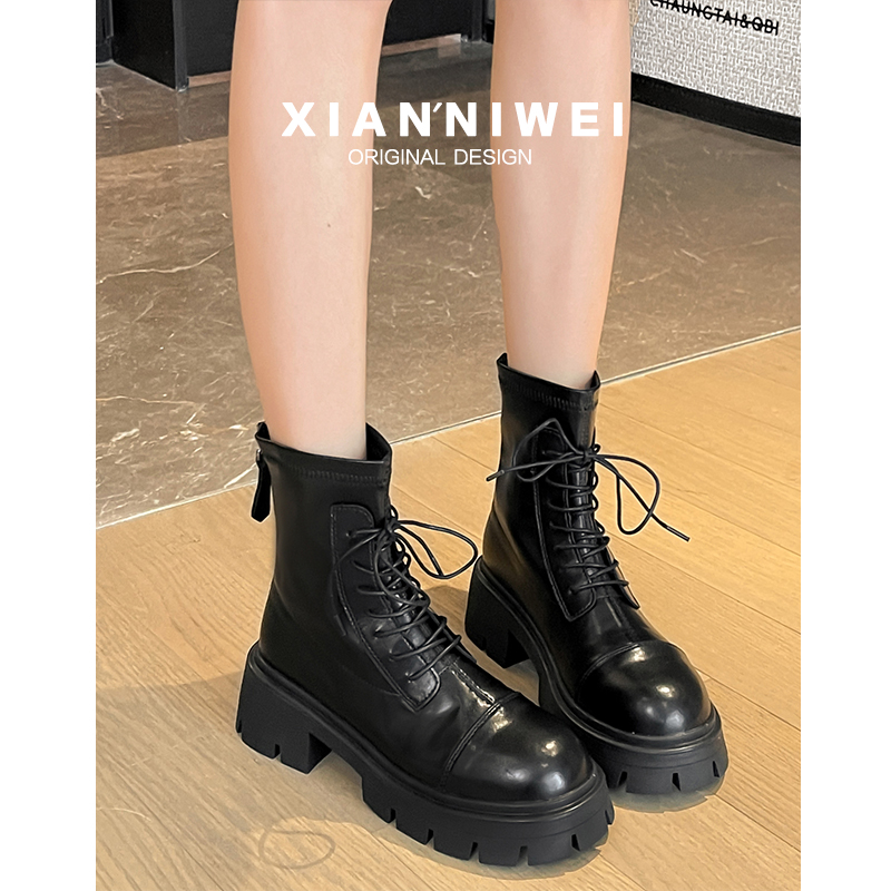 2025年秋冬季新款厚底粗跟英伦风系带短靴女圆头马丁靴瘦瘦机车靴