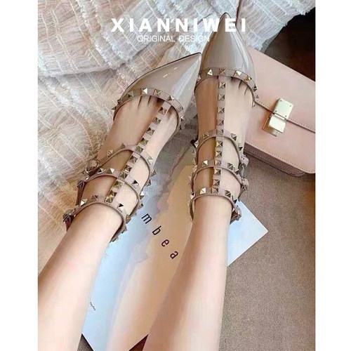 欧美铆钉尖头高跟鞋女中细绑