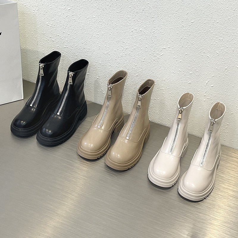 2024 NEW VERSATILE SKINNY BOOTS FRONT ZIPPER BOOTS CHELSEA SINGLE BOOTS INS SPRING AND AUTUMN LITTLE NUDE BOOTS MARTIN BOOTS