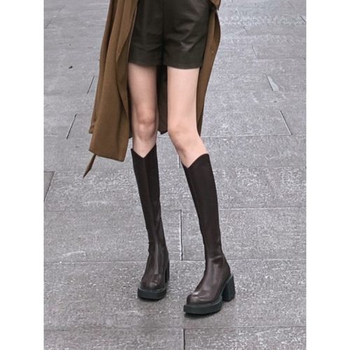 显腿直V口长筒靴女厚底不