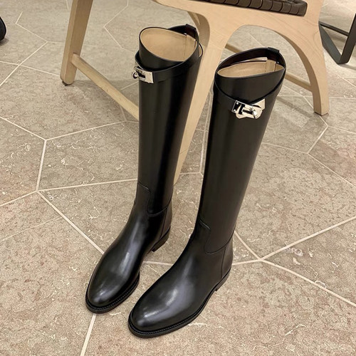 头层牛皮真斜口锁扣带粗跟高