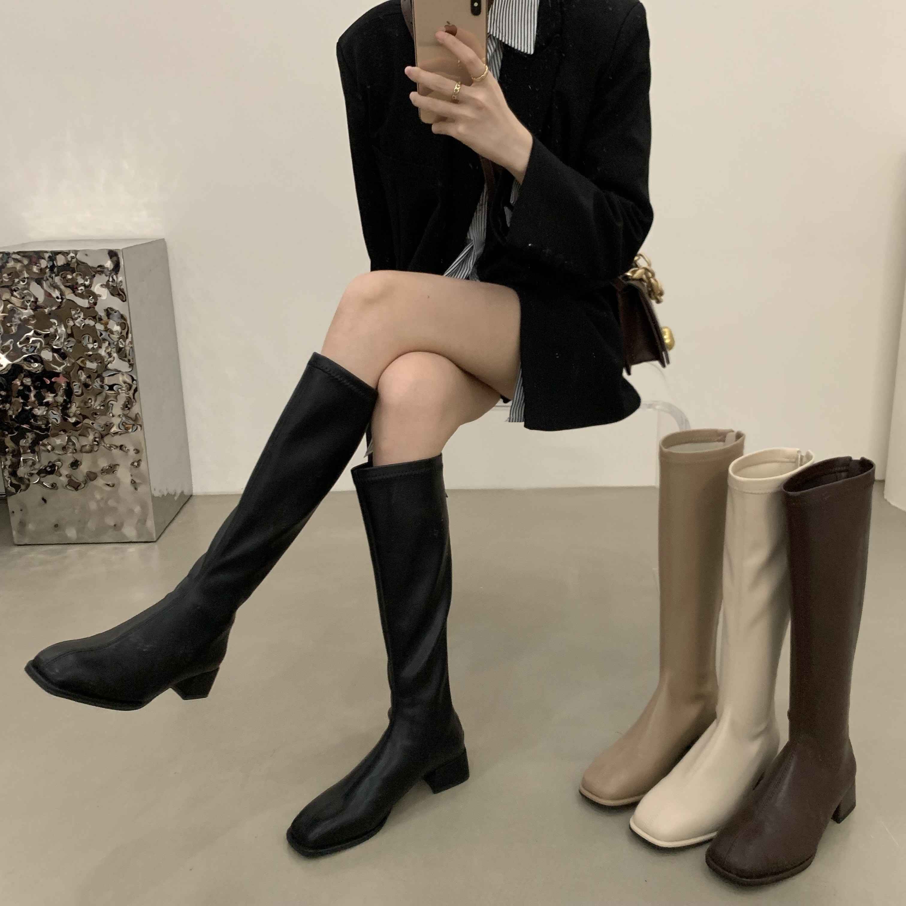 法式加绒长筒女中筒靴骑士靴