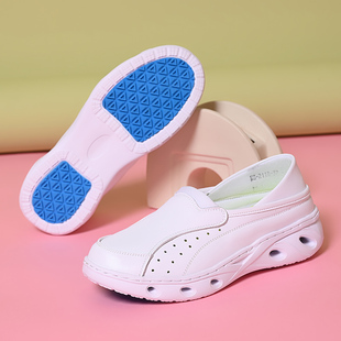 镂空透气护士鞋白色女舒适不累脚平底坡跟防滑软底真皮增高医护鞋