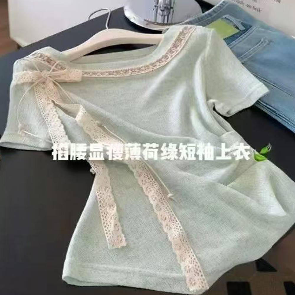 法式甜美蕾丝绿色针织短袖T恤图片