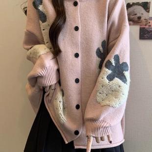 提花针织开衫 胖mm中长款 上衣 大码 宽松慵懒学院风毛衣外套女秋冬季