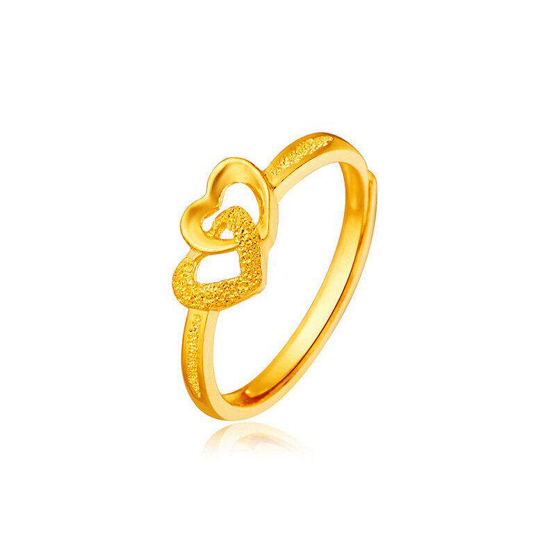双爱心18k黄金色戒指 双心女款活口手饰指环开口可调节