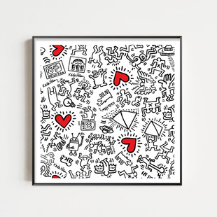 凯斯哈林涂鸦波普艺术挂画客厅餐厅高级感轻奢黑白灰风爱心装饰画