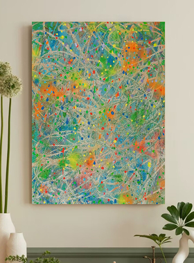 翠绿色波洛克线条抽象艺术客厅装饰画日式原木奶油风极简玄关挂画