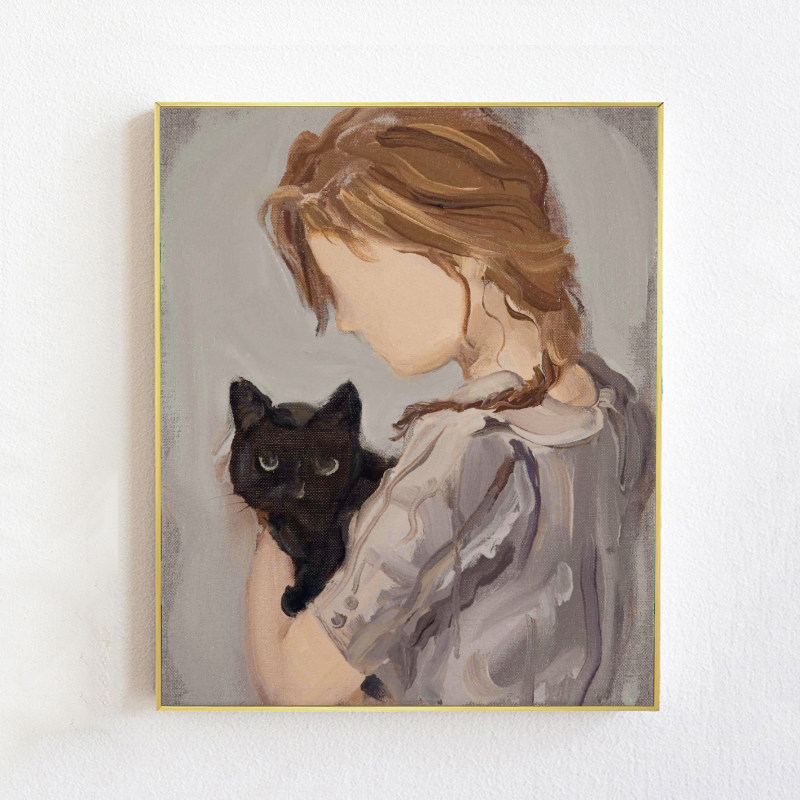 简欧风格温馨卧室猫装饰画灰色调复古餐厅挂画唯美艺术人物民宿画