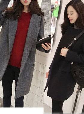 1688春季新款 韩版女中长款简约西装中长款大衣昵子加厚外套女
