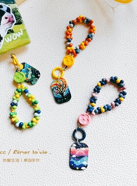 原创手工多巴胺手机链挂件短款指环双面浮雕挂牌背包钥匙扣搭配饰