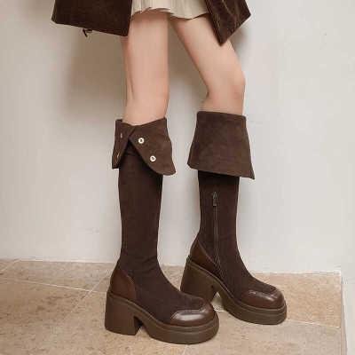 里子家厚底过膝长靴女新款粗跟大筒围粗腿胖mm高跟小个子长筒靴子