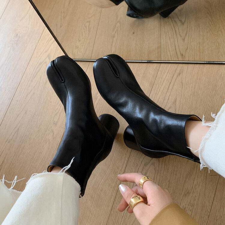 分趾靴百搭皮靴子女2023秋冬新款马蹄猪蹄鞋真皮粗跟小众高跟短靴