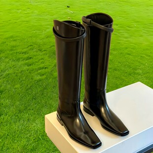 ann英伦棕色真皮方头高筒长筒骑士靴女皮靴大筒围平底长靴靴子女