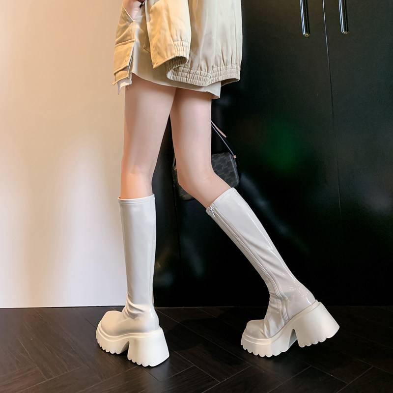 白色短靴弹力长靴子女小个子漆皮厚底高筒靴防水台过膝长筒骑士靴