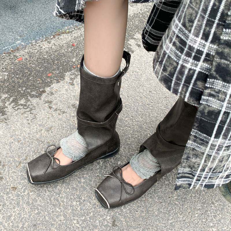凌子liz甜酷蝴蝶结芭蕾舞高筒罗马凉鞋女夏季镂空平底堆堆中筒靴