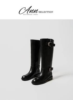 ANN英伦风高筒骑士靴2025年秋冬新款皮带扣中筒靴圆头粗跟长靴女