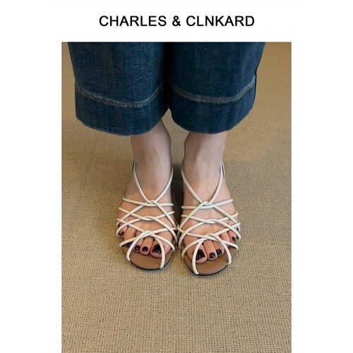 CHARLES＆CLINKARD复古细跟露趾凉鞋女2025新款镂空编织罗马鞋