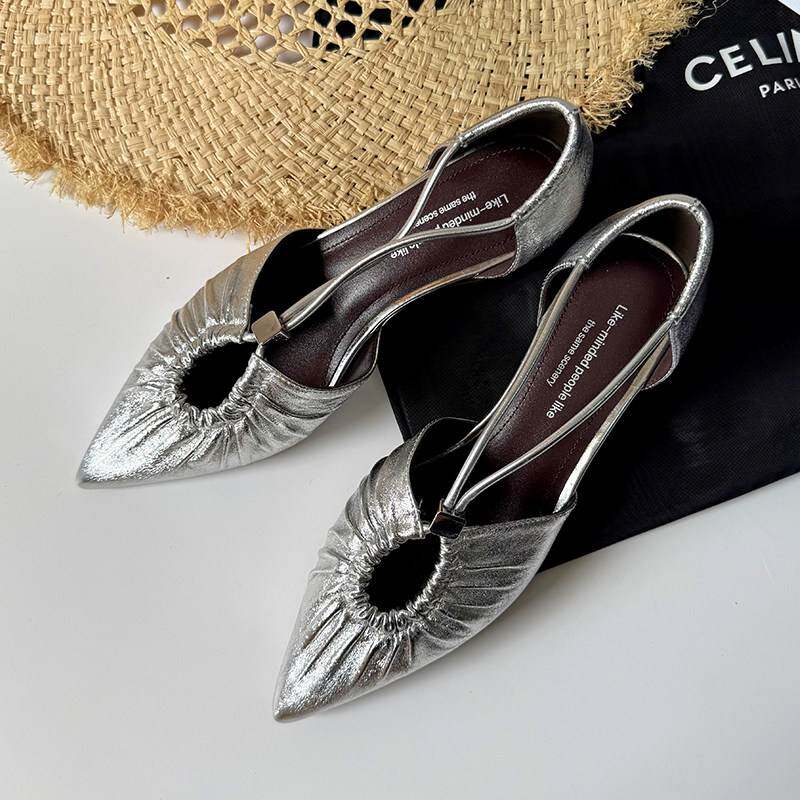 绝美包头凉鞋女夏季不累脚法式配裙子高跟鞋浅口气质尖头银色单鞋