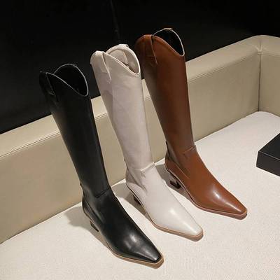 尖头V口长筒靴女粗腿弹力骑士靴高筒高跟粗跟胖mm大筒围长靴棕色