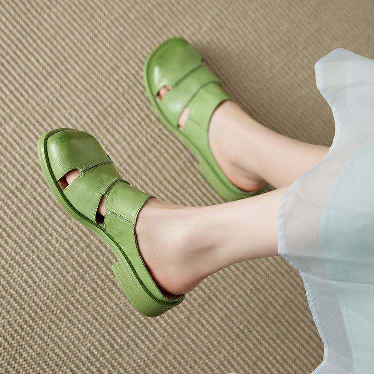 夏季女真皮透气镂空粗跟包头拖
