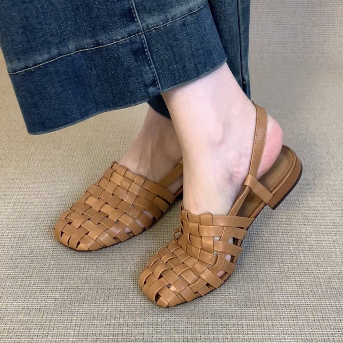34-42有大码略加宽真皮复古手工编织凉鞋夏季女平底包头罗马凉鞋