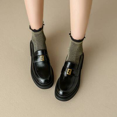 FairyWink 私物单品～！金属扣厚底乐福鞋女英伦风小皮鞋粗跟单鞋