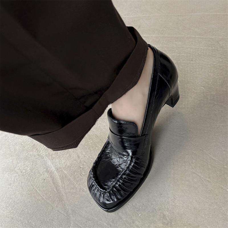 秋忆浓复古银色5cm高跟鞋女真皮粗跟乐福鞋2026春季新款金色单鞋