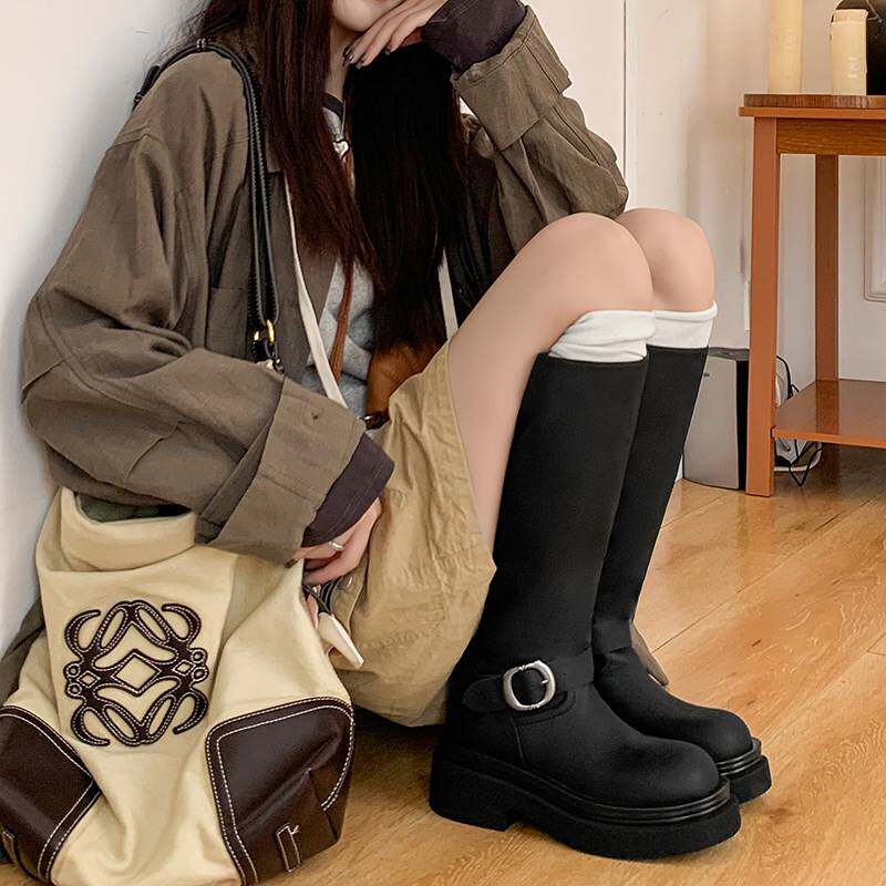戈丹琳~皮带扣长筒靴女小个子增高显瘦不过膝长靴高筒雨靴骑士靴 - 实物图