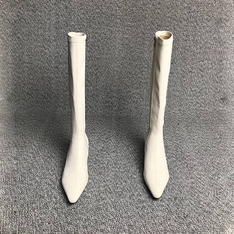 露涵思 气质尖头粗跟高筒弹力瘦瘦靴小个子小腿围瘦腿靴子大尺码