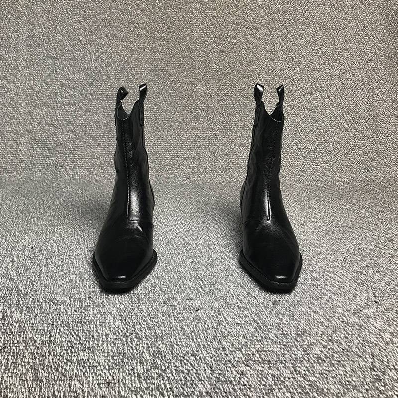 露涵思 质感爆炸~美式复古西部牛仔靴女短靴粗跟高跟短筒切尔西靴