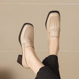 不累粗跟单鞋 7cm真皮方头高跟鞋 女2026春秋软皮软底一脚蹬小皮鞋