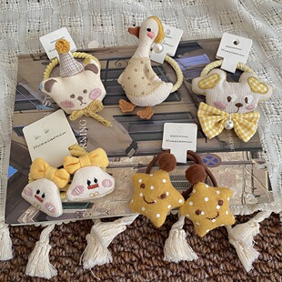 黄色系儿童布艺发圈玩偶头绳刺绣皮筋不伤发发饰女孩扎小辫皮套