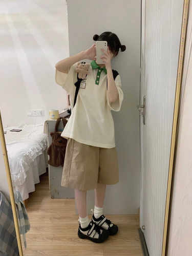 工装夏季卡其色休闲阔腿五分裤